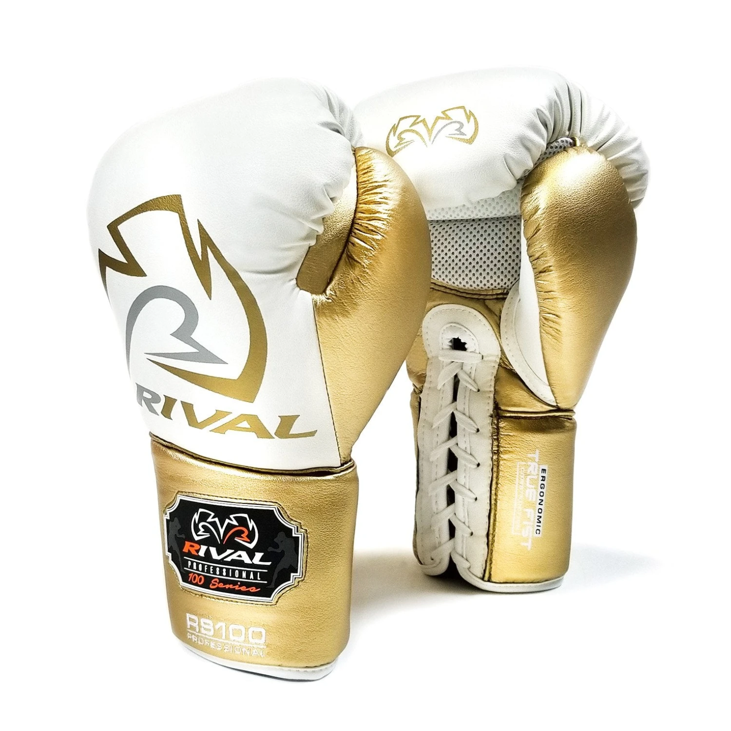 Rival Boxing RS100 Professional Sparring Lace-Up Gloves White/Gold 2 Rival Boxing RS100 Professional Sparring Lace-Up Gloves White/Gold - Image 2