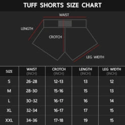 TUFF Muay Thai Shorts Blue With Double Yellow Tiger -The Clinch Fight Shop TUFF Size Chart