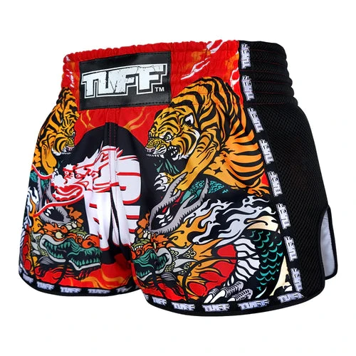 TUFF Muay Thai Shorts Retro Style Red Chinese Dragon & Tiger 2 TUFF Muay Thai Shorts Retro Style Red Chinese Dragon & Tiger - Image 2