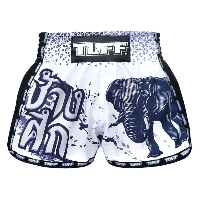 TUFF Muay Thai Shorts Retro Style White War Elephant 1 TUFF Muay Thai Shorts Retro Style White War Elephant