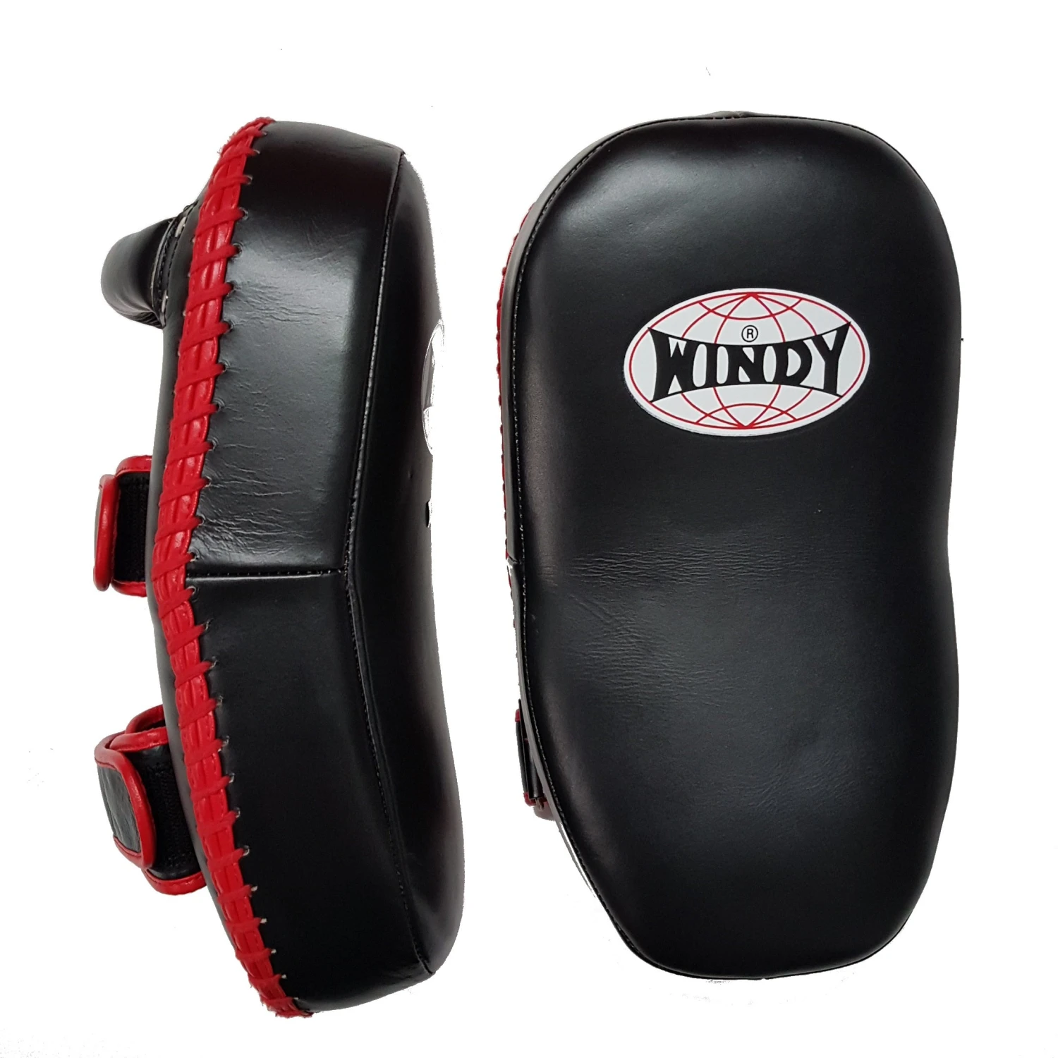 Windy Curved Leather Thai Kick Pads KP-8 Medium Velcro Black/Red 2 Windy Curved Leather Thai Kick Pads KP-8 Medium Velcro Black/Red - Image 2