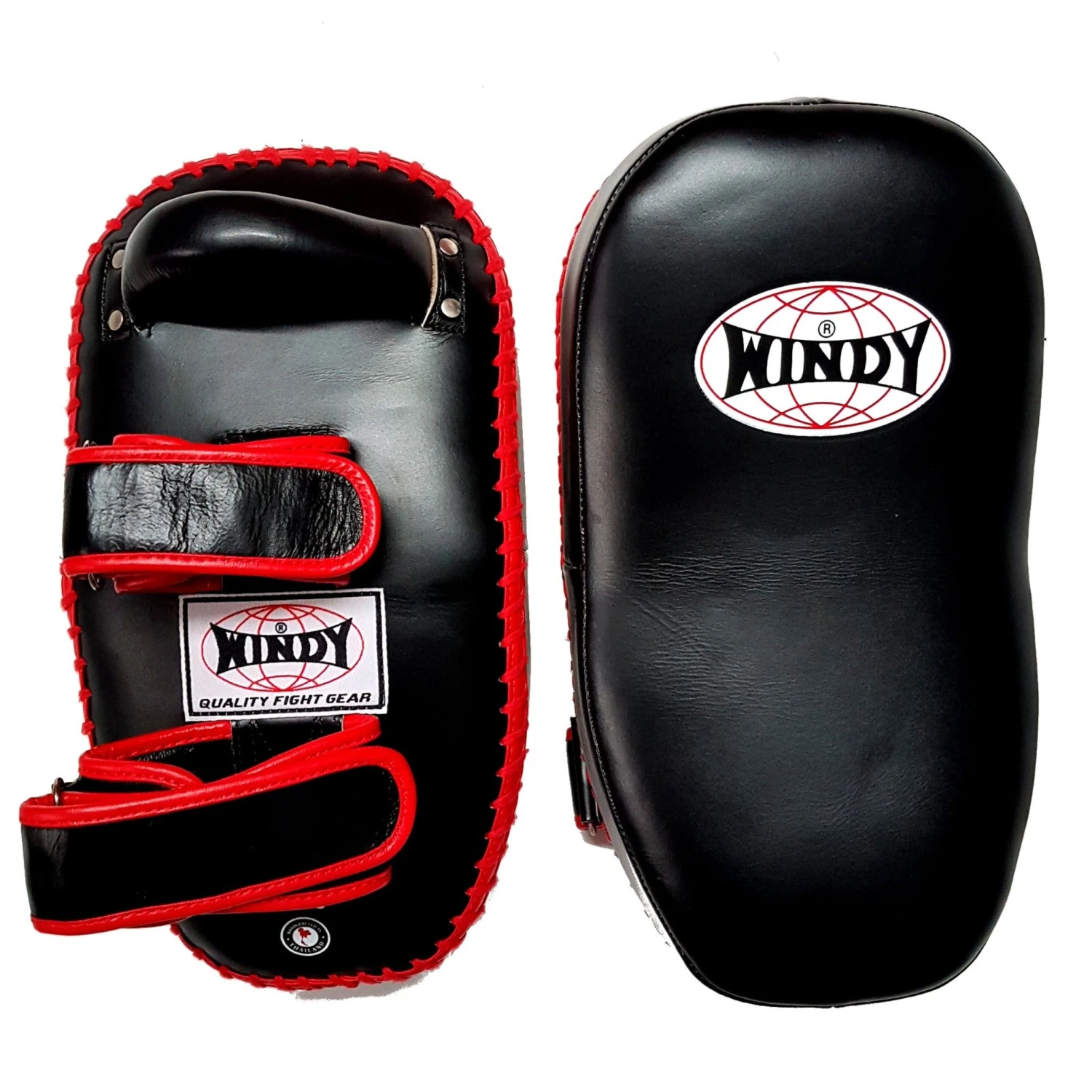 Windy Curved Leather Thai Kick Pads KP-8 Medium Velcro Black/Red 1 Windy Curved Leather Thai Kick Pads KP-8 Medium Velcro Black/Red