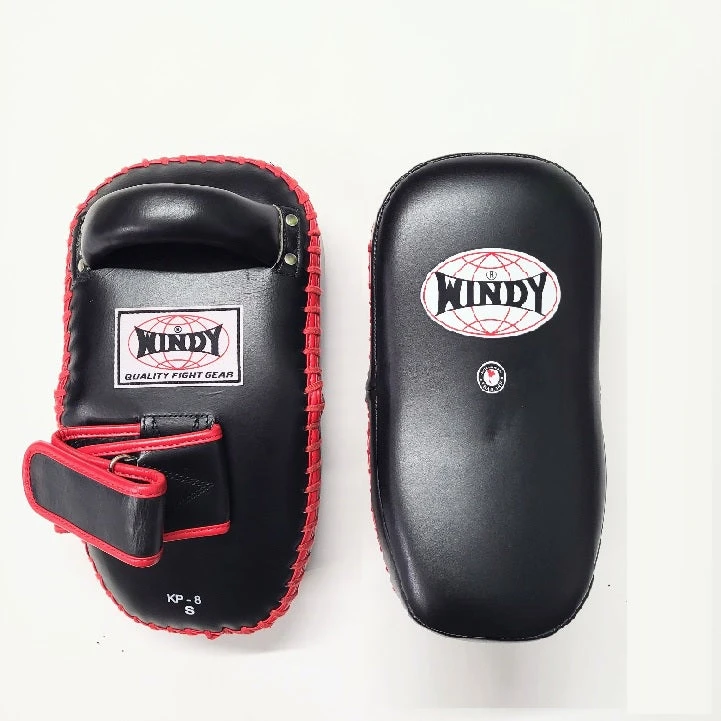 Windy Curved Leather Thai Kick Pads KP-8 Small Velcro Black/Red 2 Windy Curved Leather Thai Kick Pads KP-8 Small Velcro Black/Red - Image 2